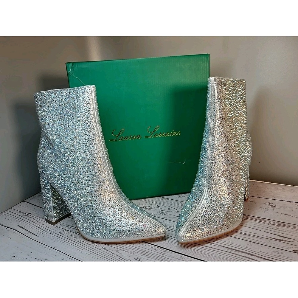 Lauren Lorraine Jam Silver Rhinestone Ankle Boots Womens size 5.5 Block Heel